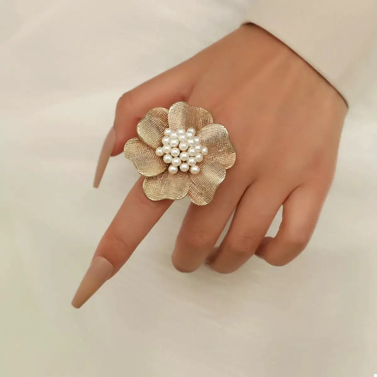 18K Gold-Plated Pearl Flower Ring by Trendsi
