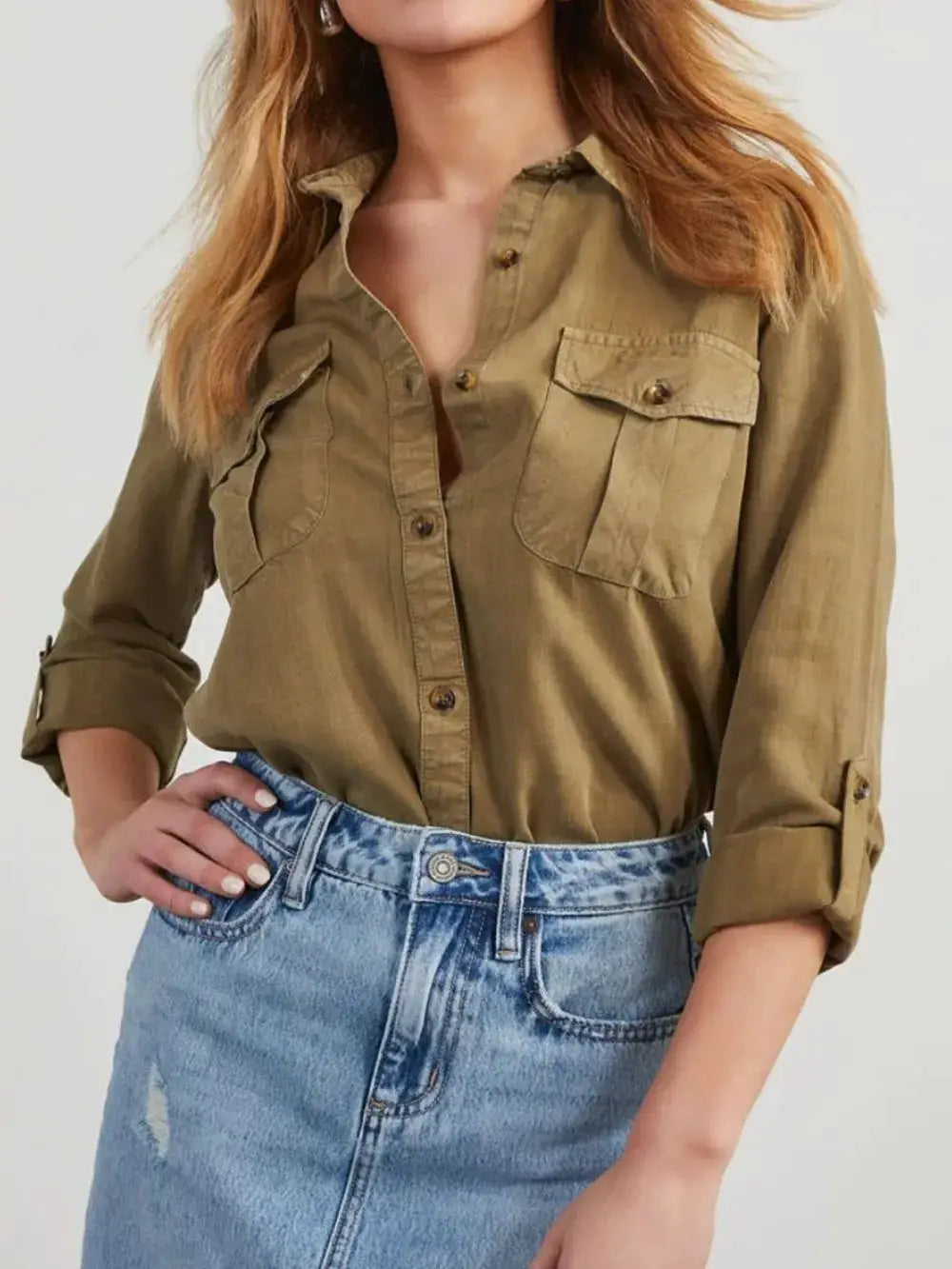 Collared Neck Roll-Tab Sleeve Denim Top by Trendsi