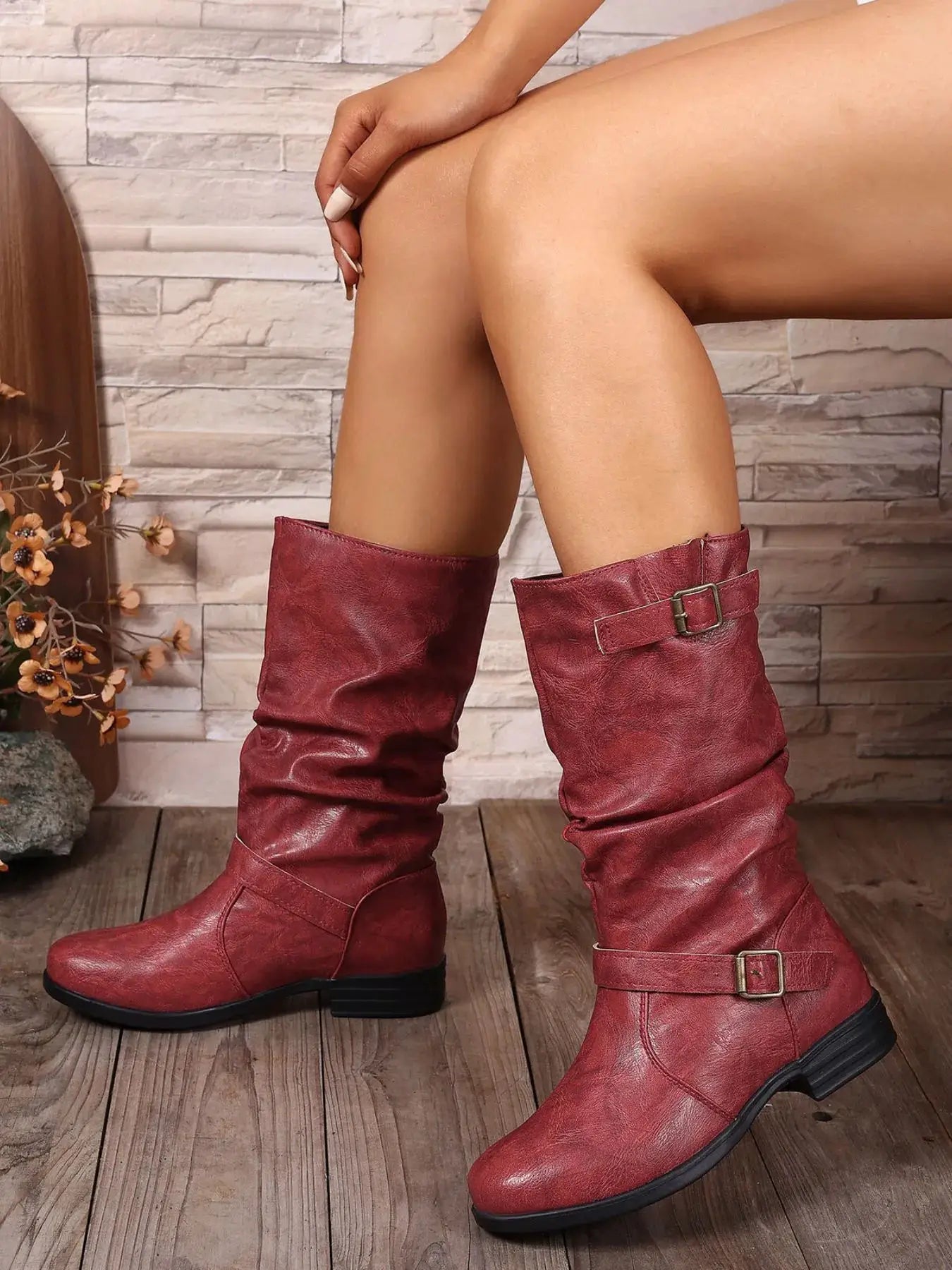 Round Toe Boots with Buckle Details by Trendsi