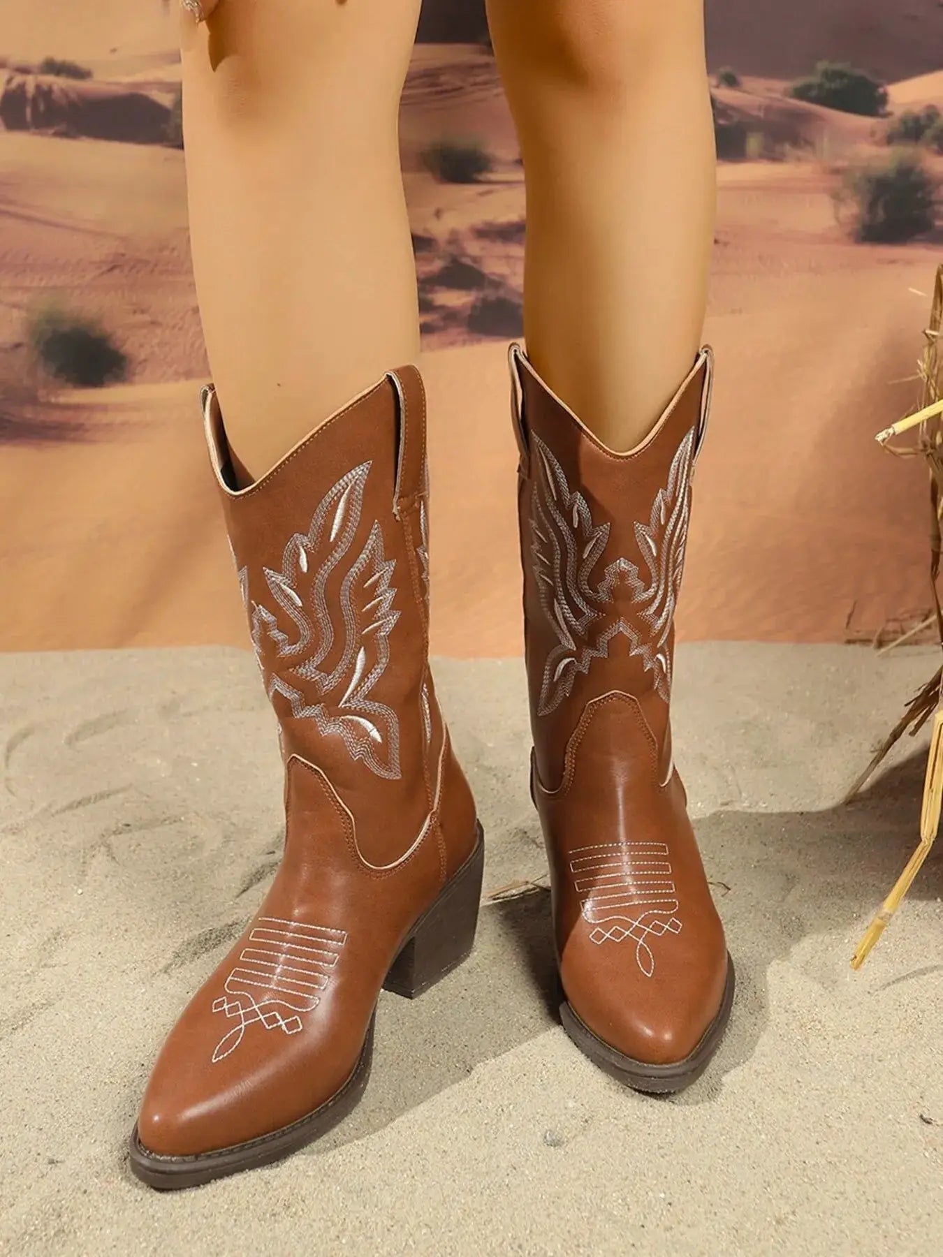 Point Toe Block Heel Boots by Trendsi