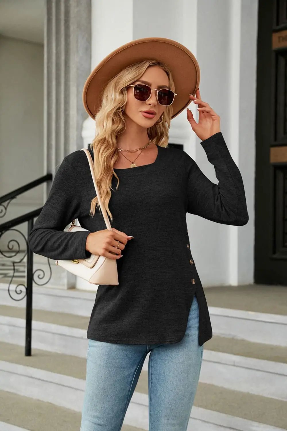 Square Neck Long Sleeve Slit T-Shirt by Trendsi