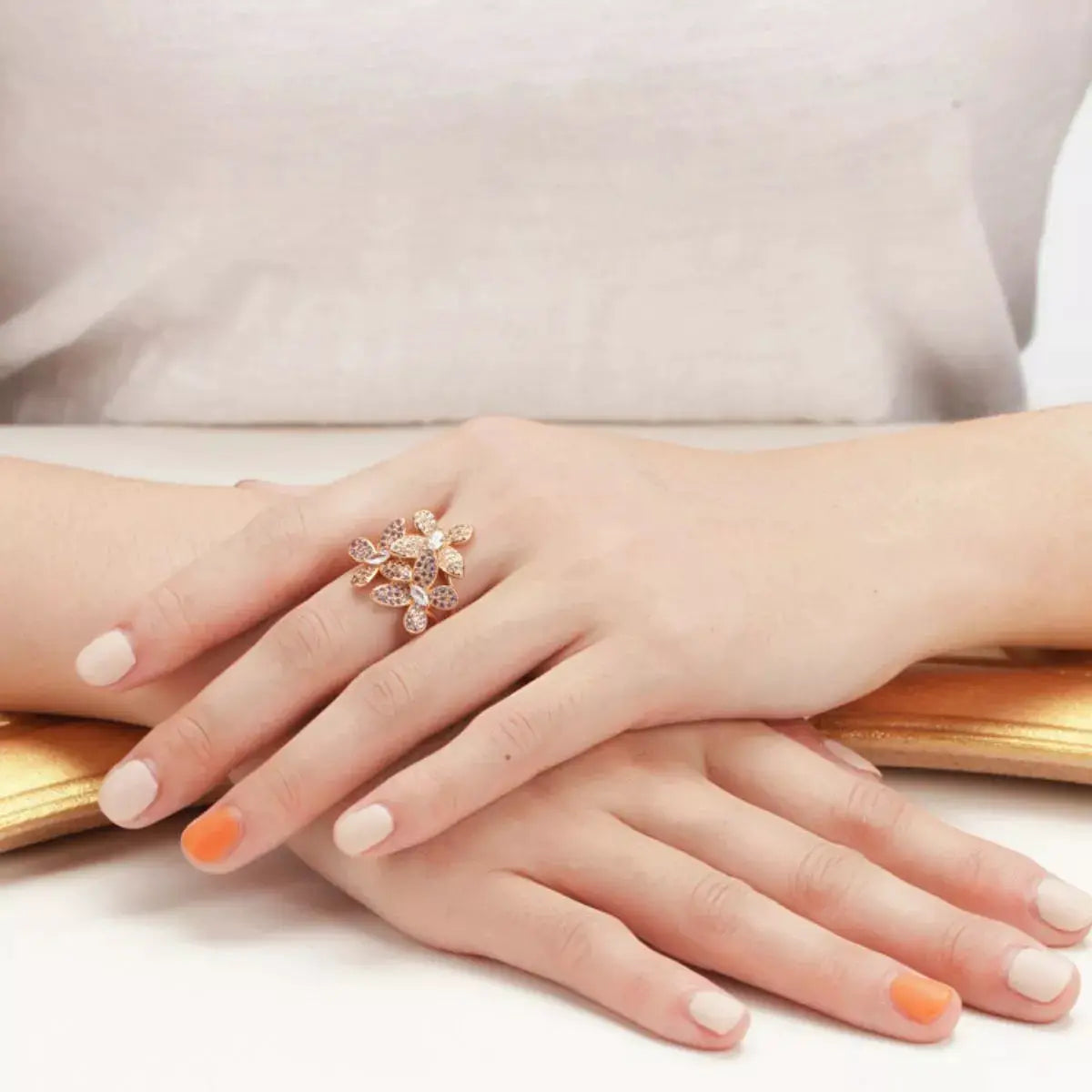 18K Gold-Plated Copper Rhinestone Zircon Flower Ring by Trendsi