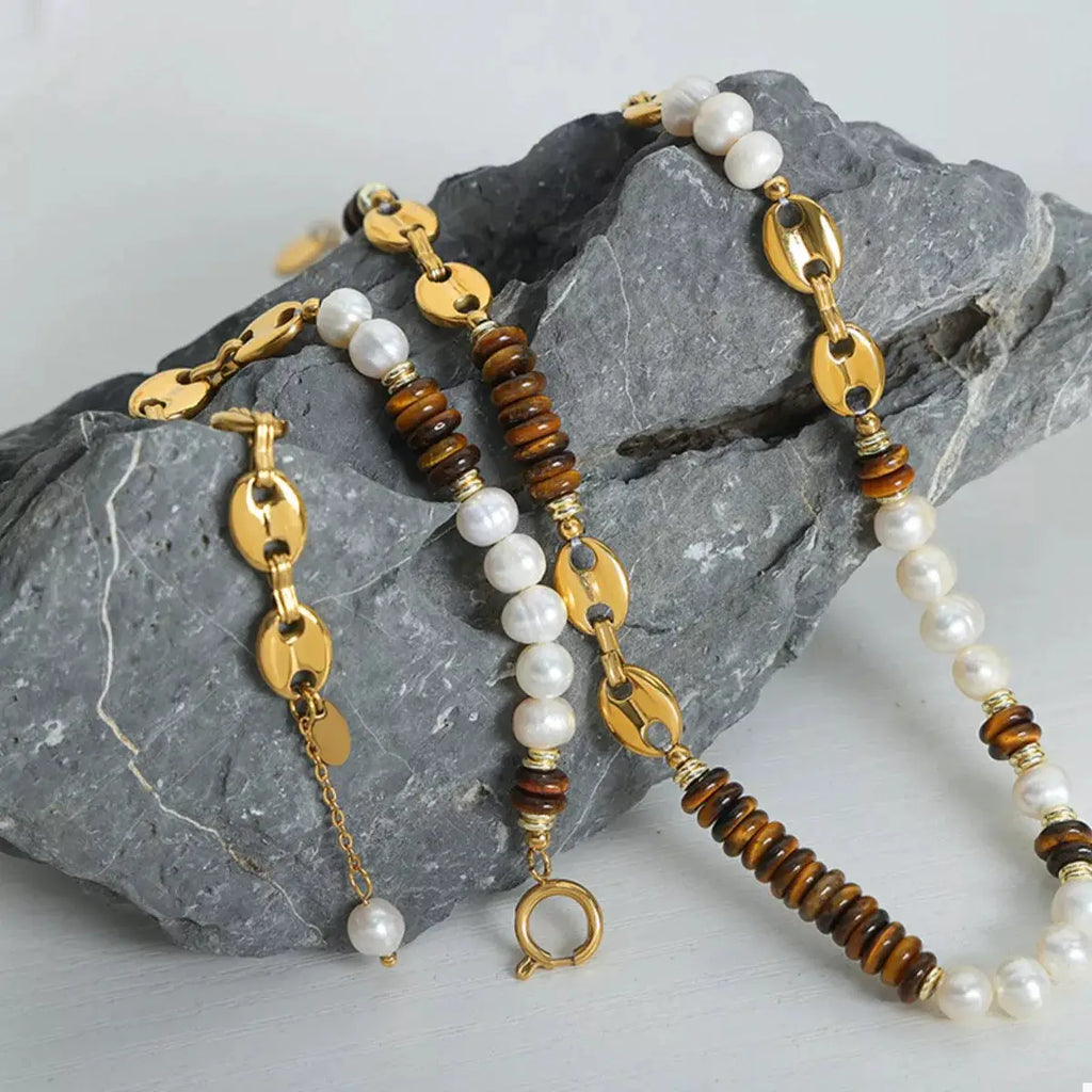 Tiger's Eye Freshwater Pearl 18K Gold-Plated Bead Necklace by Trendsi