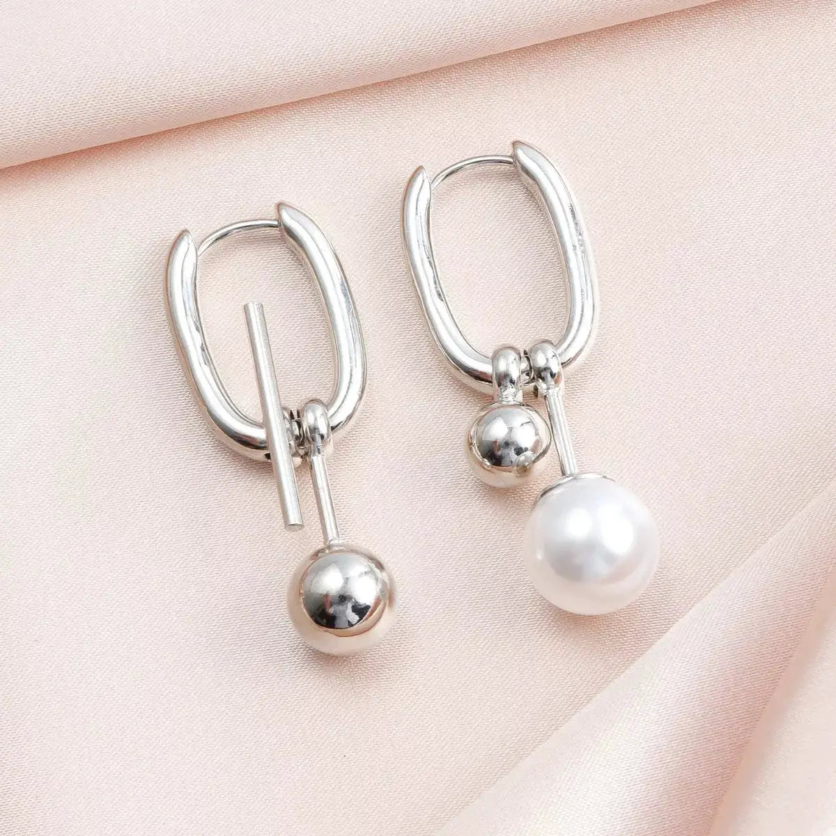 Asymmetrical Pearl Drop Hoop Earrings by Trendsi