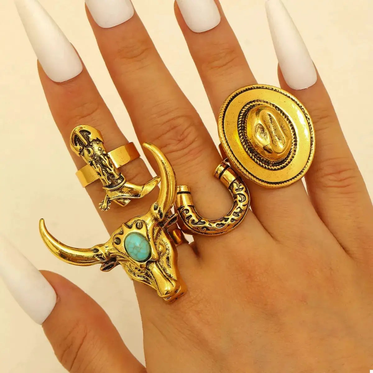 4 Piece Vintage Western Style Bull Head Rings by Trendsi