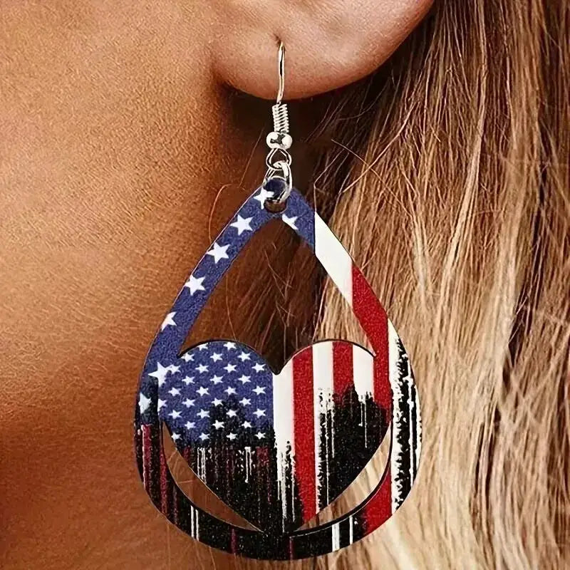 US Flag Pattern Wooden Earrings by Trendsi