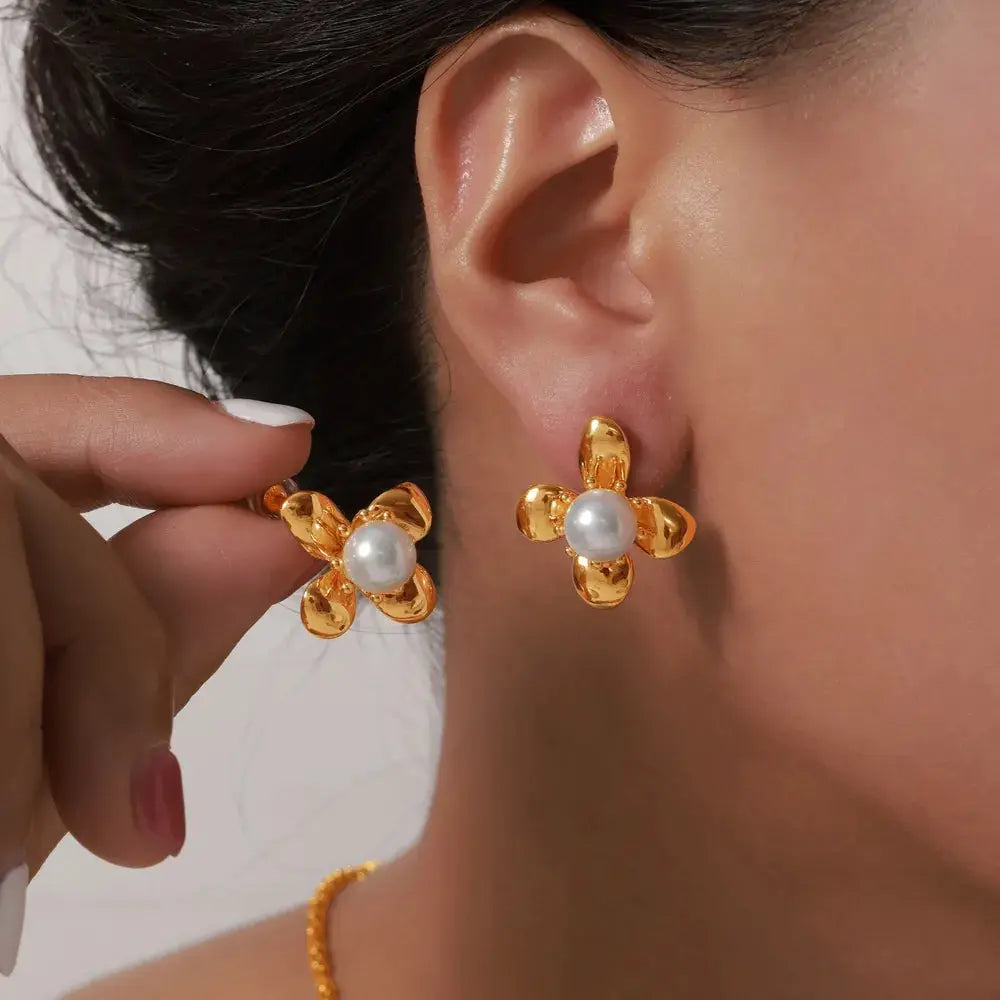 Synthetic Pearl Titanium Steel Flower Earrings by Trendsi