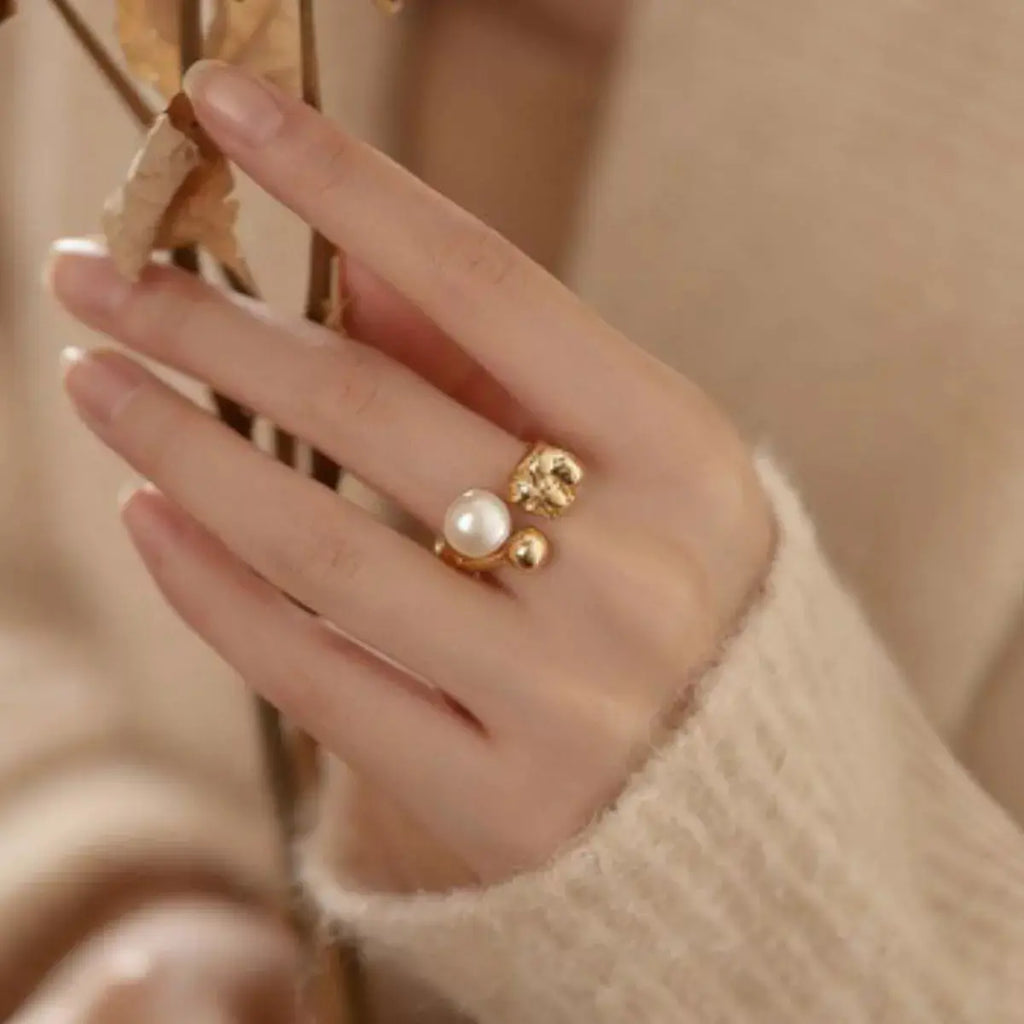 18K Gold-Plated Pearl Open Ring by Trendsi