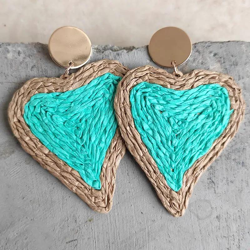 Raffia Grass Heart Teardrop Earrings by Trendsi