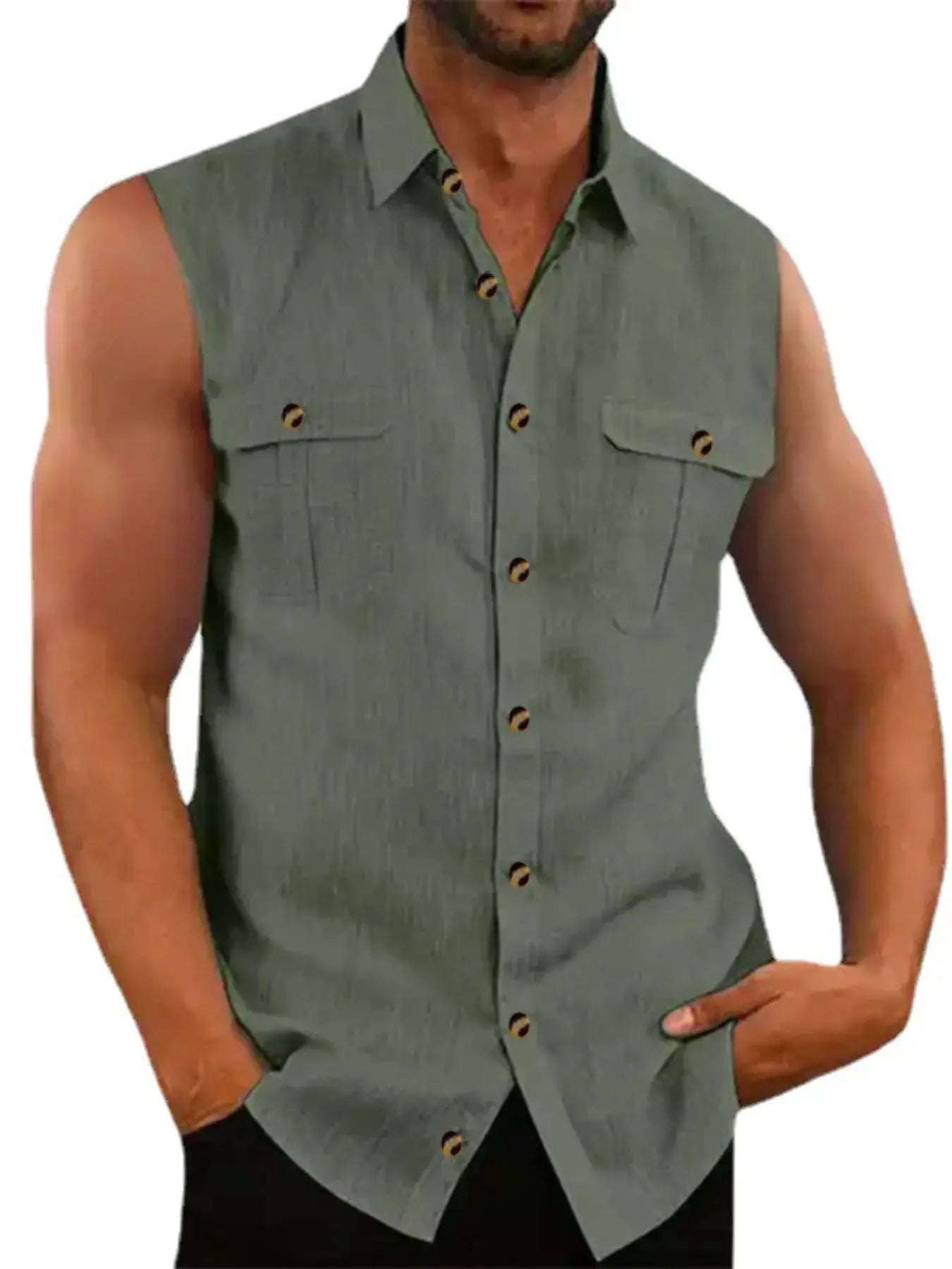 Men's Full Size Sleeveless Button-Up Shirt with Chest Pockets Plus Size by Trendsi
