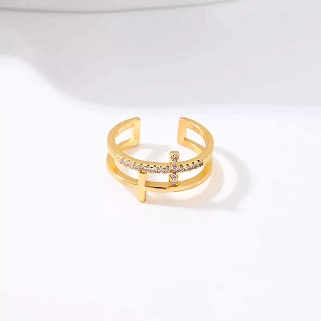 18K Gold-Plated Rhinestone Cross Open Ring by Trendsi