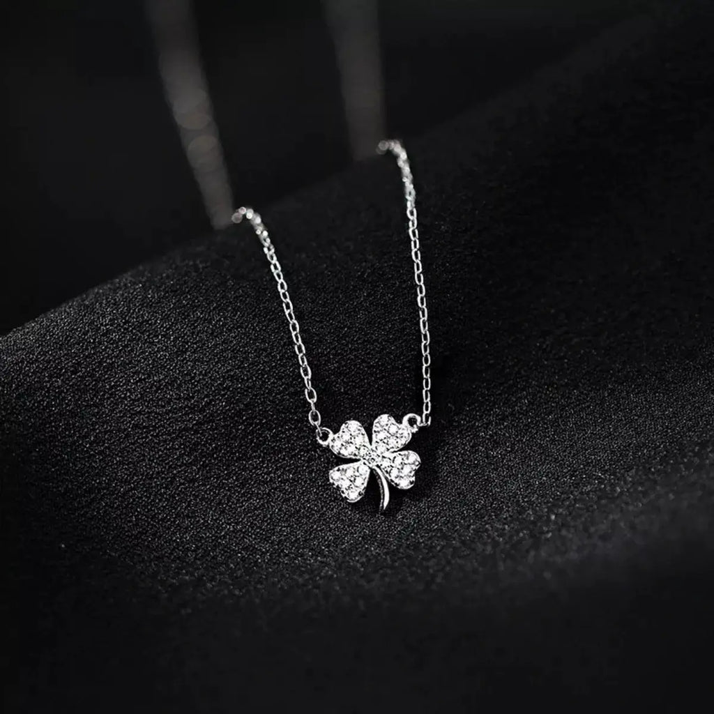 925 Sterling Silver Zircon Four Leaf Clover Necklace by Trendsi