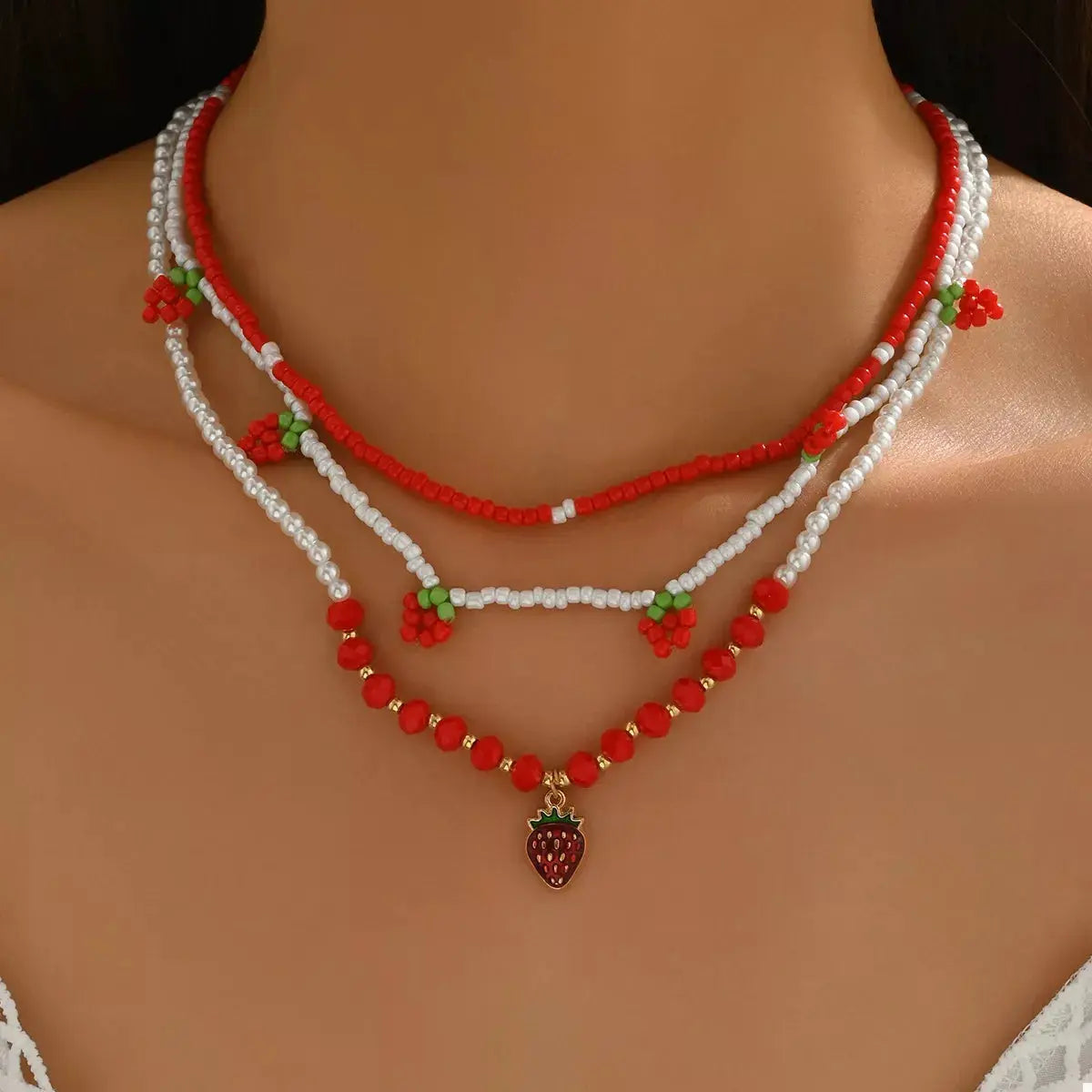 3 Piece Beaded Strawberry Necklace by Trendsi