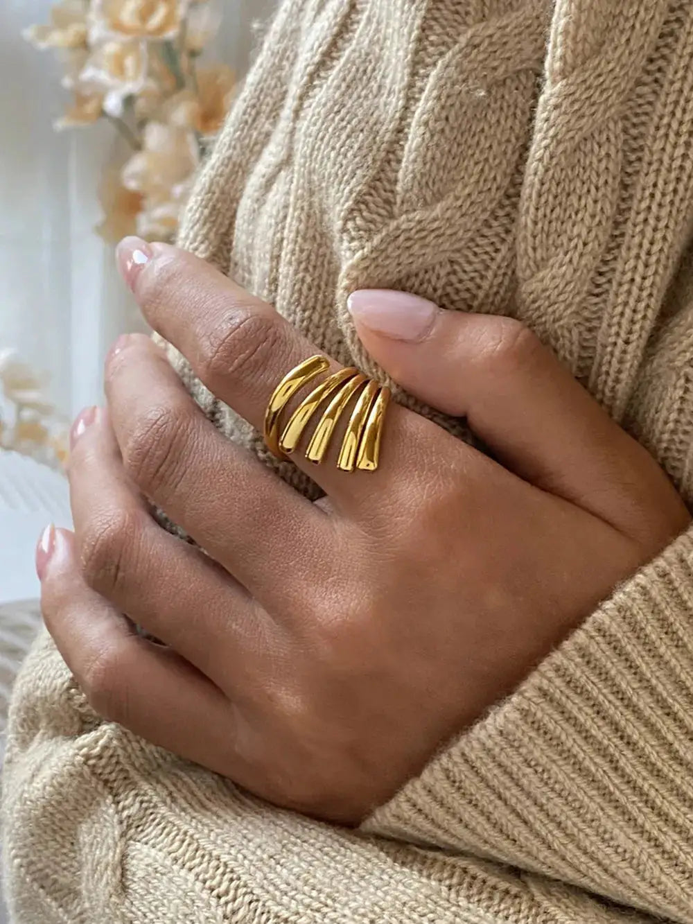 18K Gold-Plated Stainless Steel Irregular Lines Open Ring by Trendsi