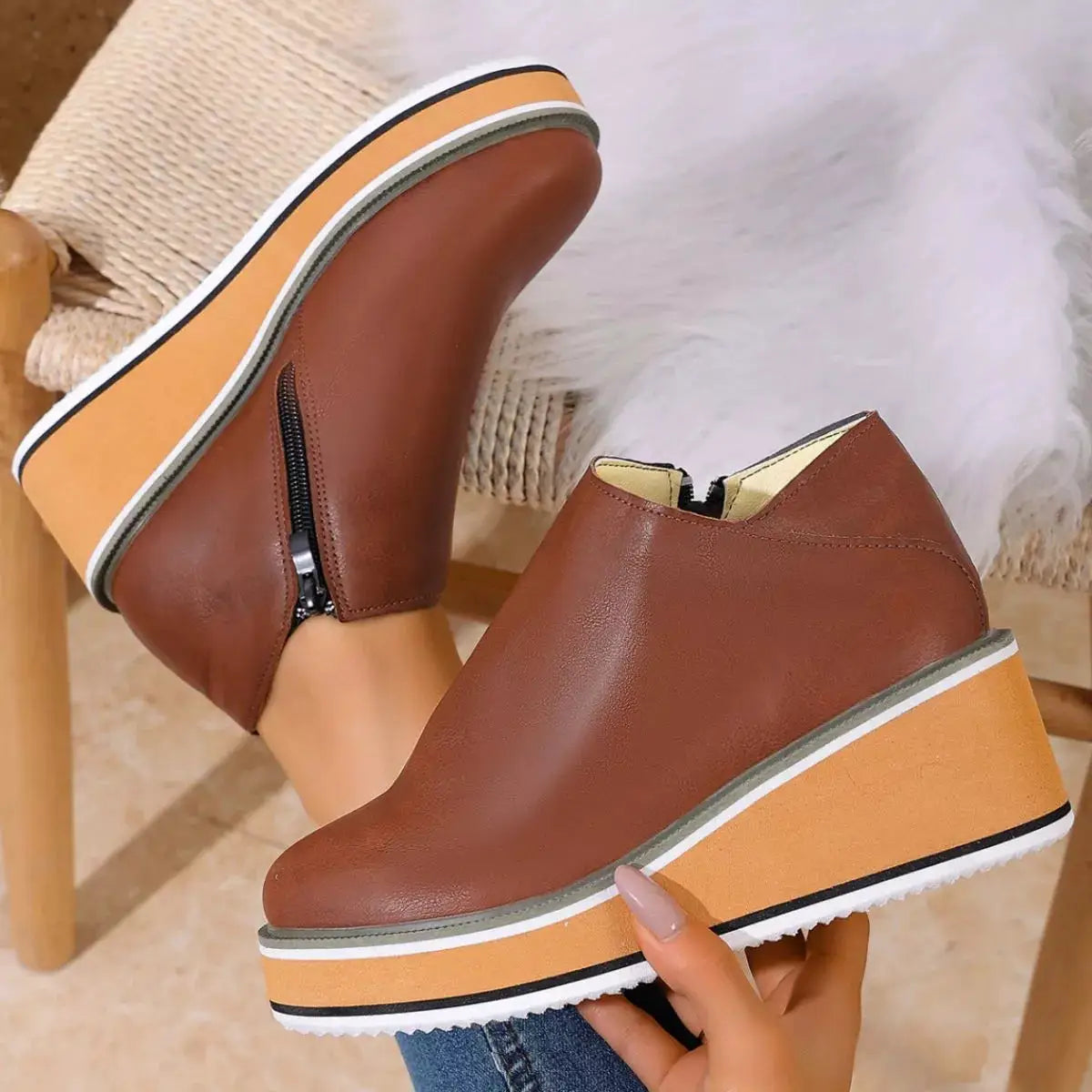 Round Toe Wedge Ankle Boots by Trendsi