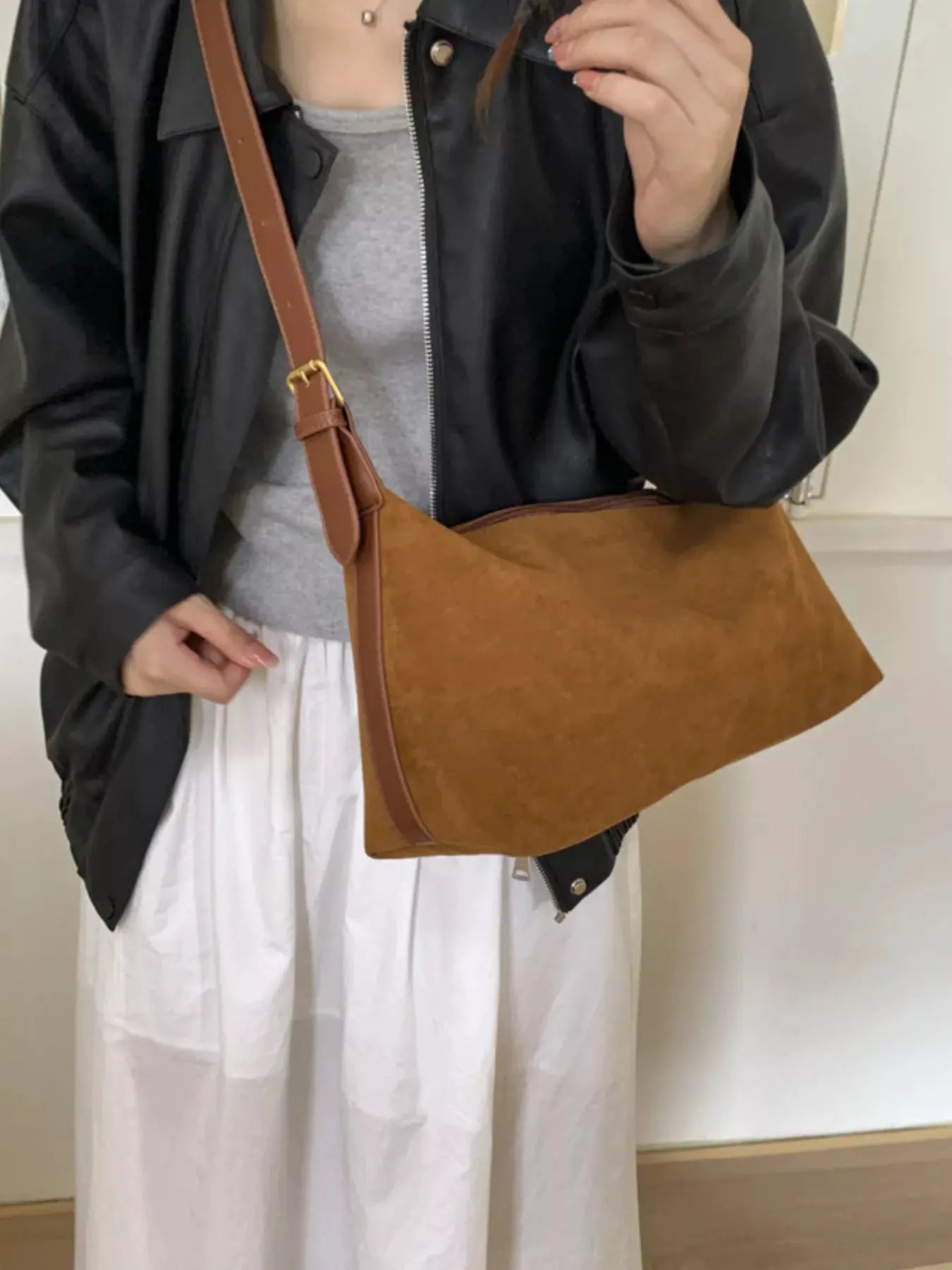 Solid Color Suede Hobo Crossbody Bag by Trendsi