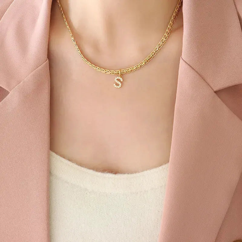 Brass Inlaid Zircon Letter Pendant Necklace by Trendsi
