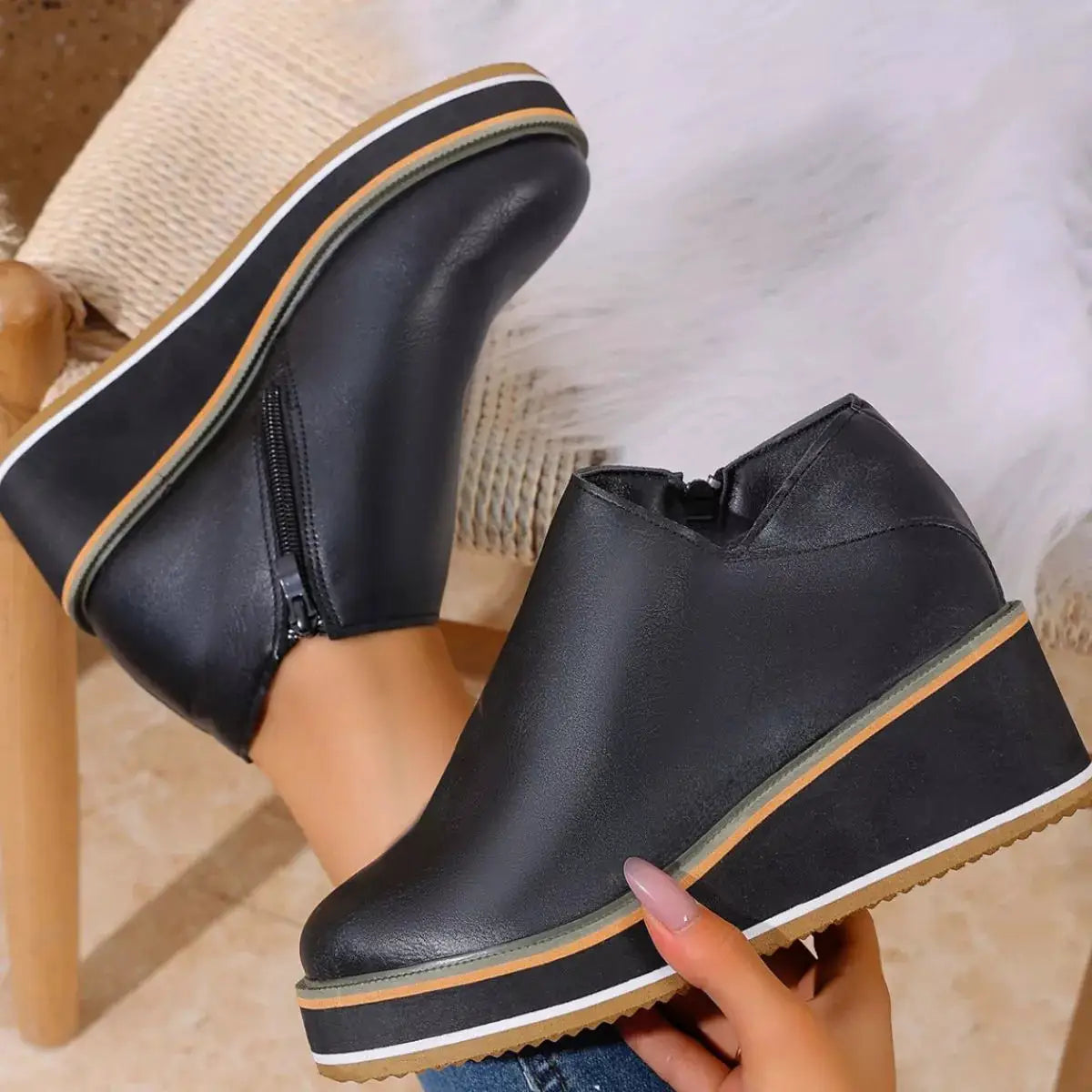 Round Toe Wedge Ankle Boots by Trendsi