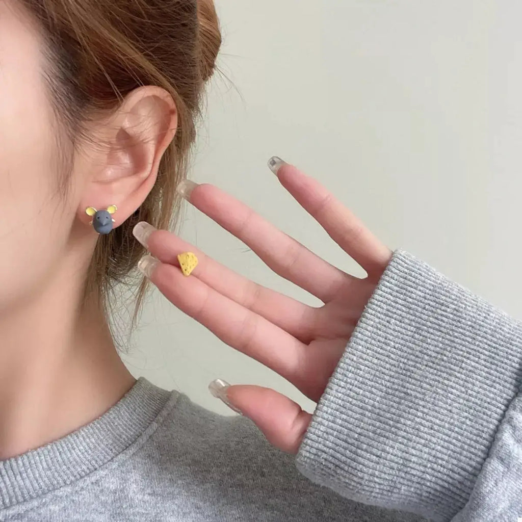 Asymmetrical Mouse & Cheese Stud Earrings by Trendsi