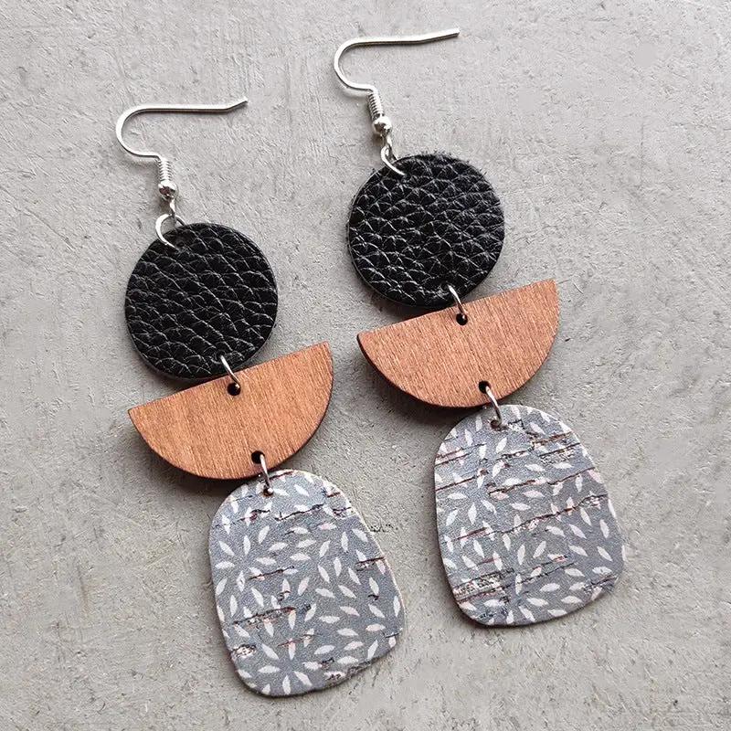 Leather & Wood Drop Earrings by Trendsi
