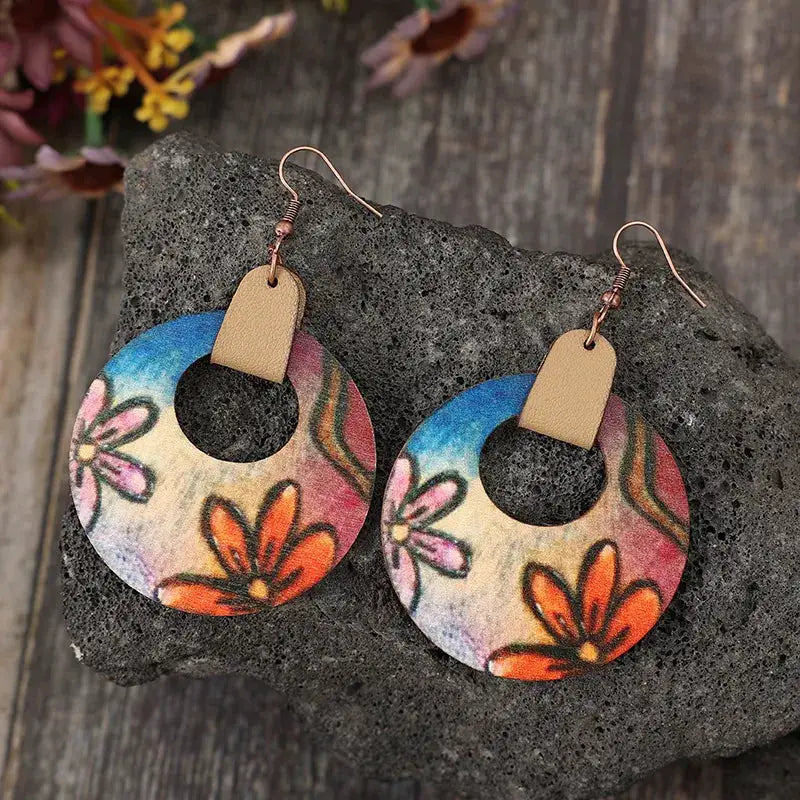 Wooden Flower Round Shape Earrings by Trendsi