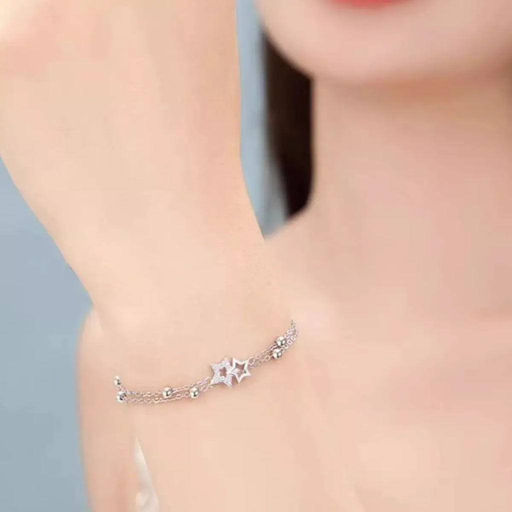 925 Sterling Silver Zircon Star Chain Bracelet by Trendsi