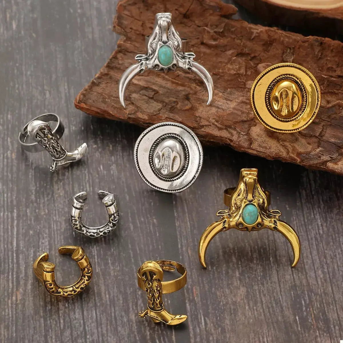 4 Piece Vintage Western Style Bull Head Rings by Trendsi
