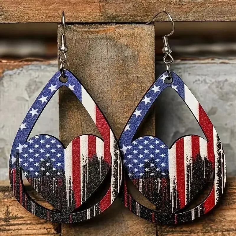 US Flag Pattern Wooden Earrings by Trendsi