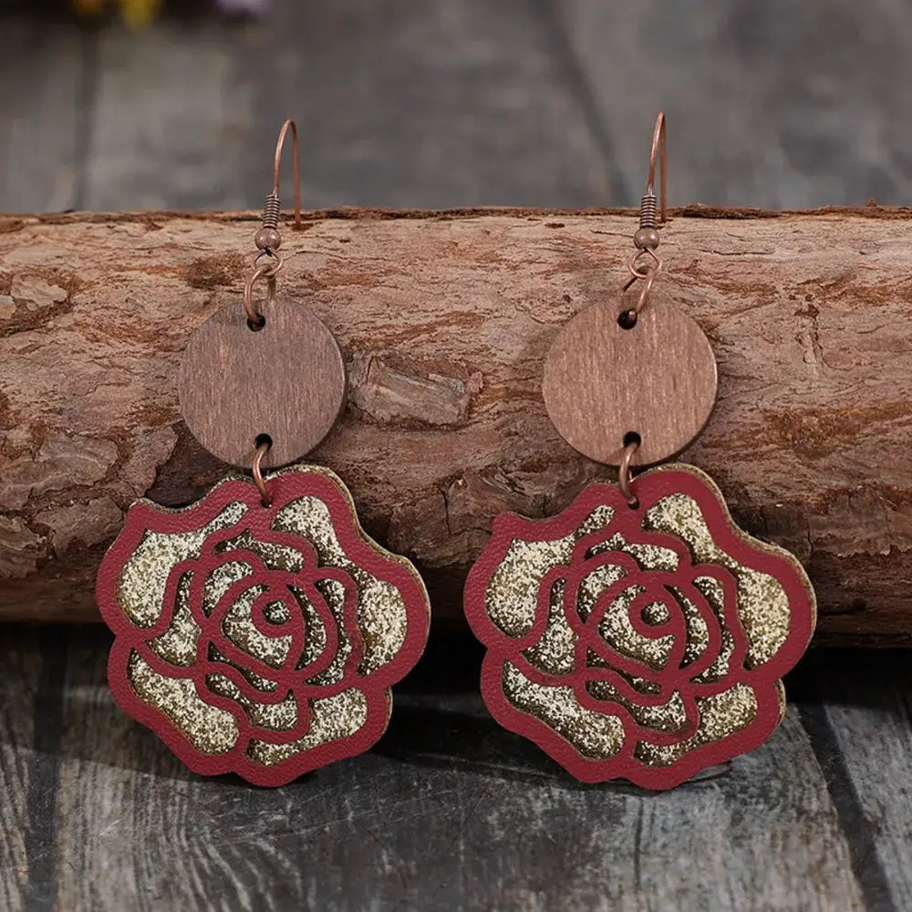 Wooden Alloy Rose Shape Dangle Earrings by Trendsi