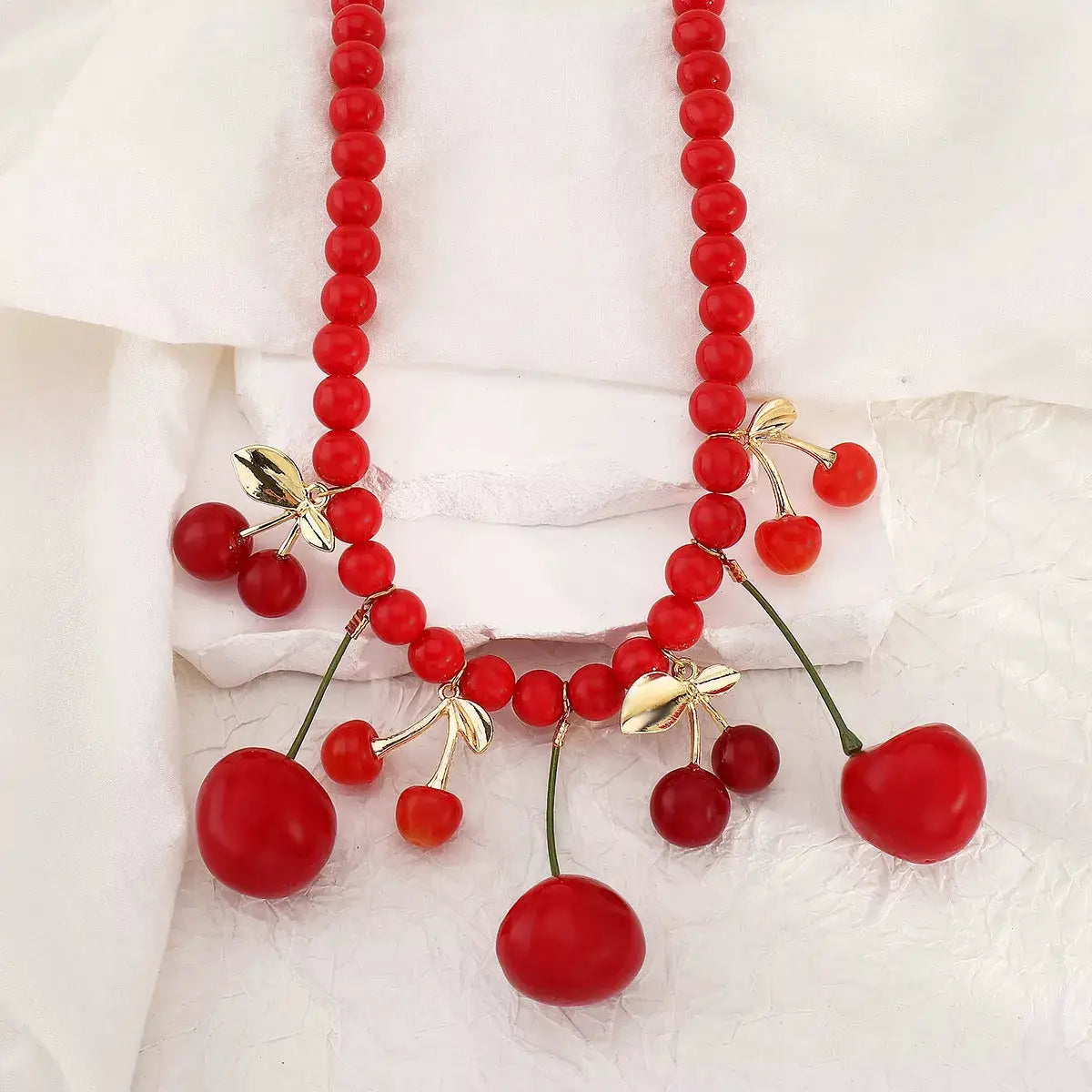 Cherry Charm Beaded Statement Necklace by Trendsi