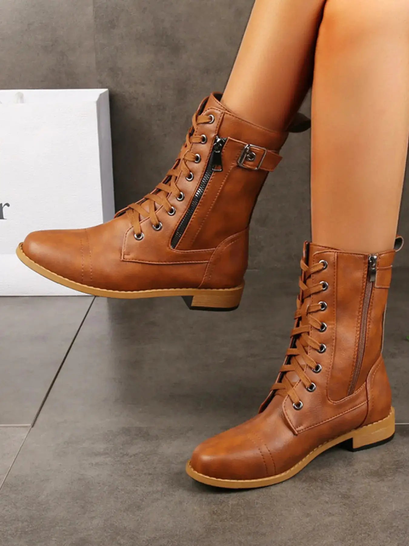 Lace-Up Buckle Detail Boots by Trendsi