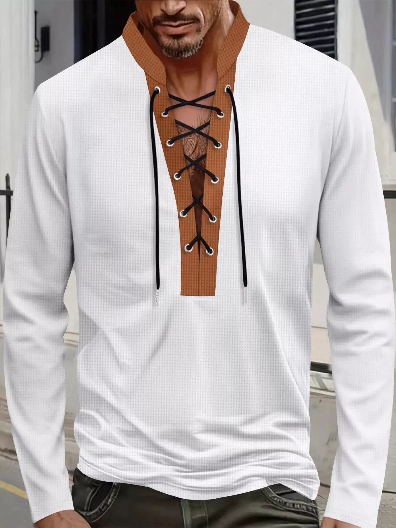 Men's Full Size Vintage Lace-Up Long Sleeve T-Shirt Plus Size by Trendsi