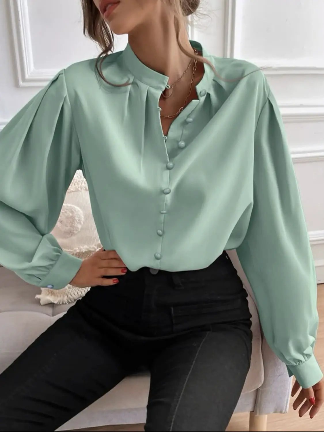 Mock Neck Button Front Shirt by Trendsi