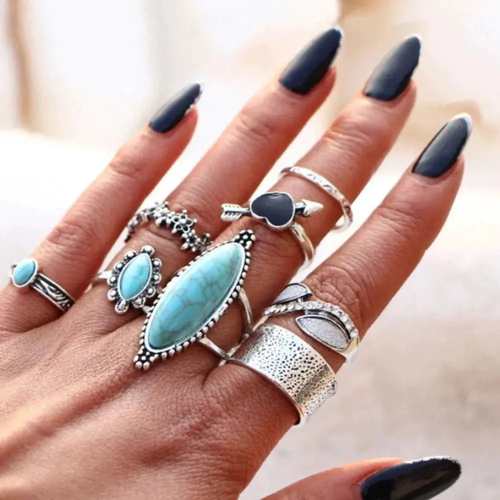 Turquoise Alloy 8-Piece Ring Set by Trendsi