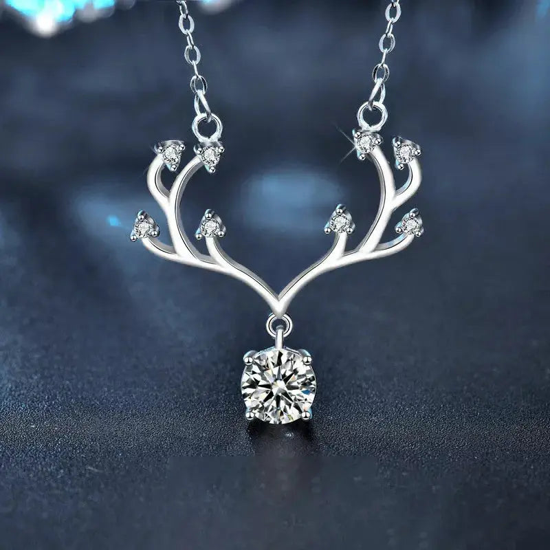 1 Carat Moissanite 925 Sterling Silver Deer Antler Pendant Necklace by Trendsi