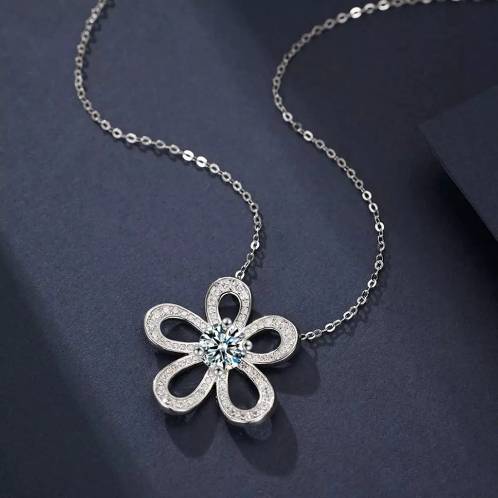 1 Carat Moissanite 925 Sterling Silver Flower Pendant Necklace by Trendsi