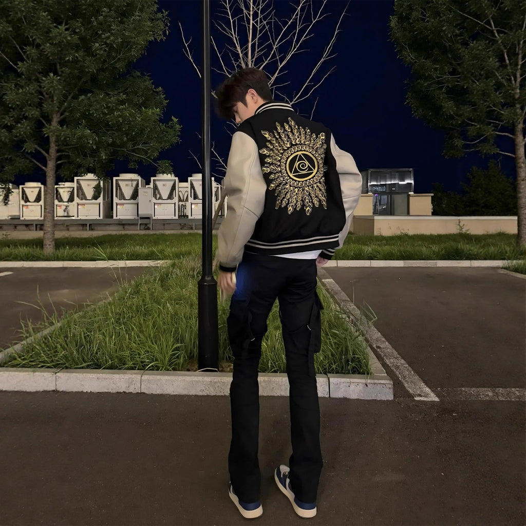 Street Style Baseball Jacket for Men, Winter Cool Look with Eye of Providence Embroidery, Clean Fit Coat