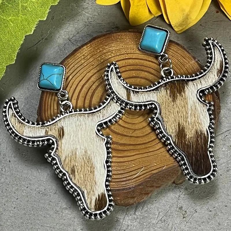 Bull Shape Turquoise Dangle Earrings by Trendsi