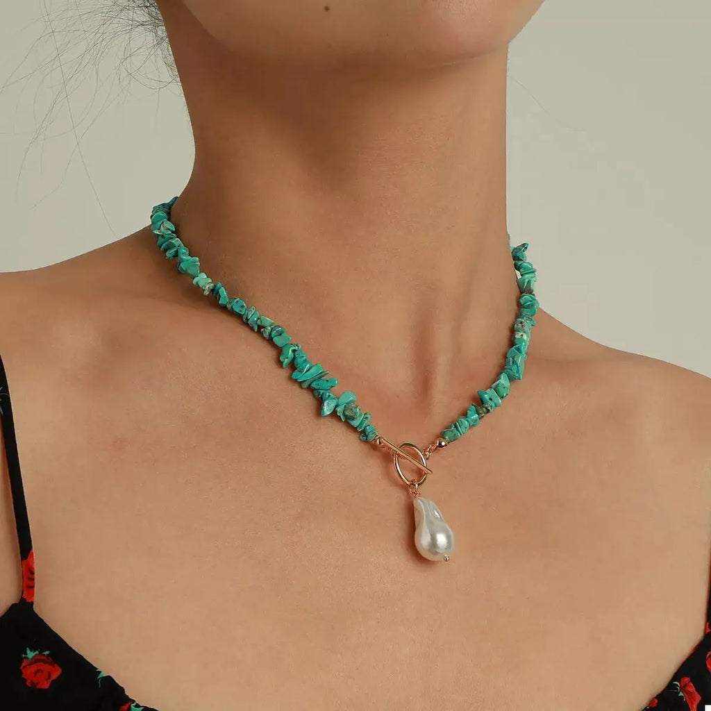 Turquoise Irregular Pearl Necklace by Trendsi