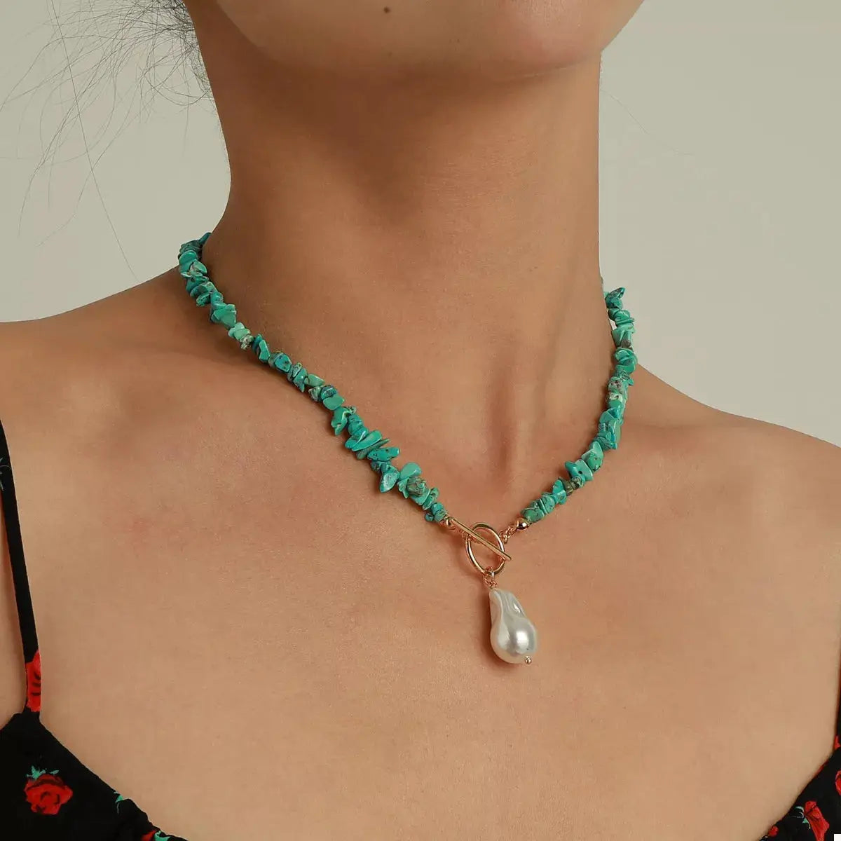 Turquoise Irregular Pearl Necklace by Trendsi