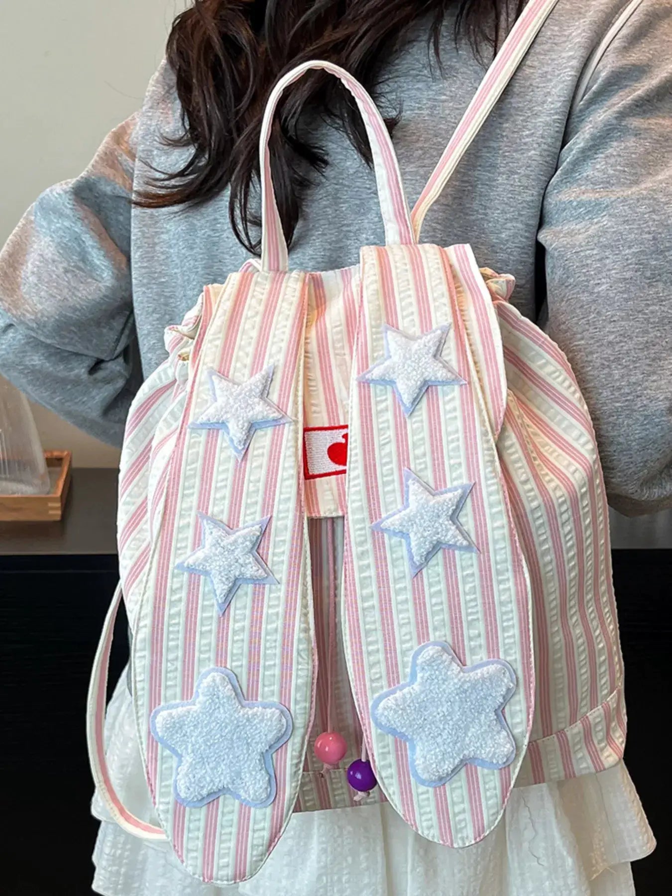 Striped Star Bunny Ear Backpack Bag by Trendsi