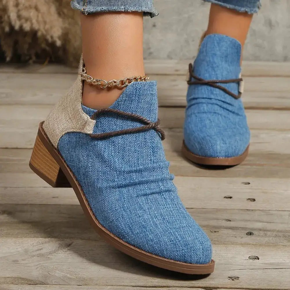 Contrast Canvas Low Heel Boots by Trendsi