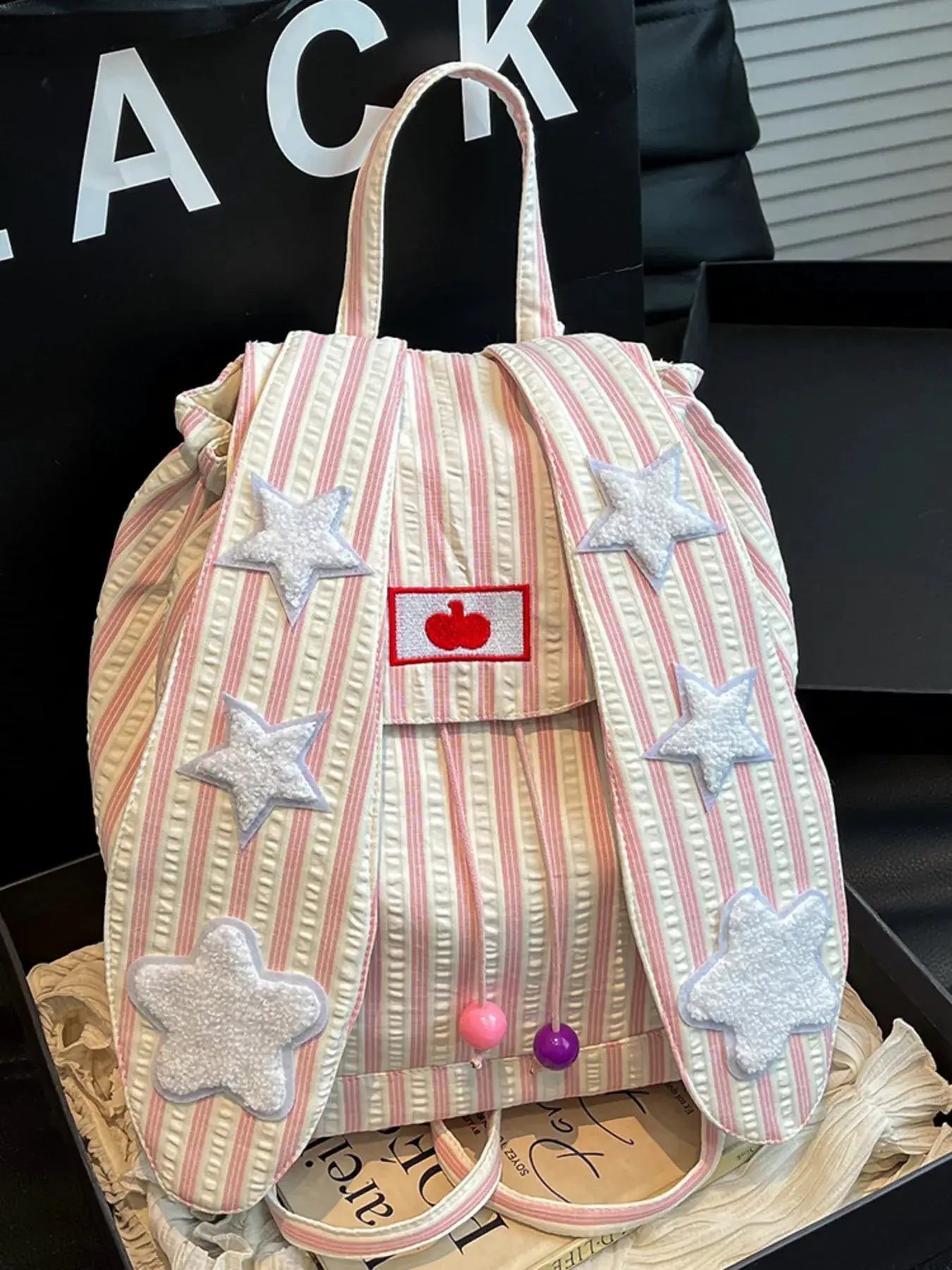 Striped Star Bunny Ear Backpack Bag by Trendsi