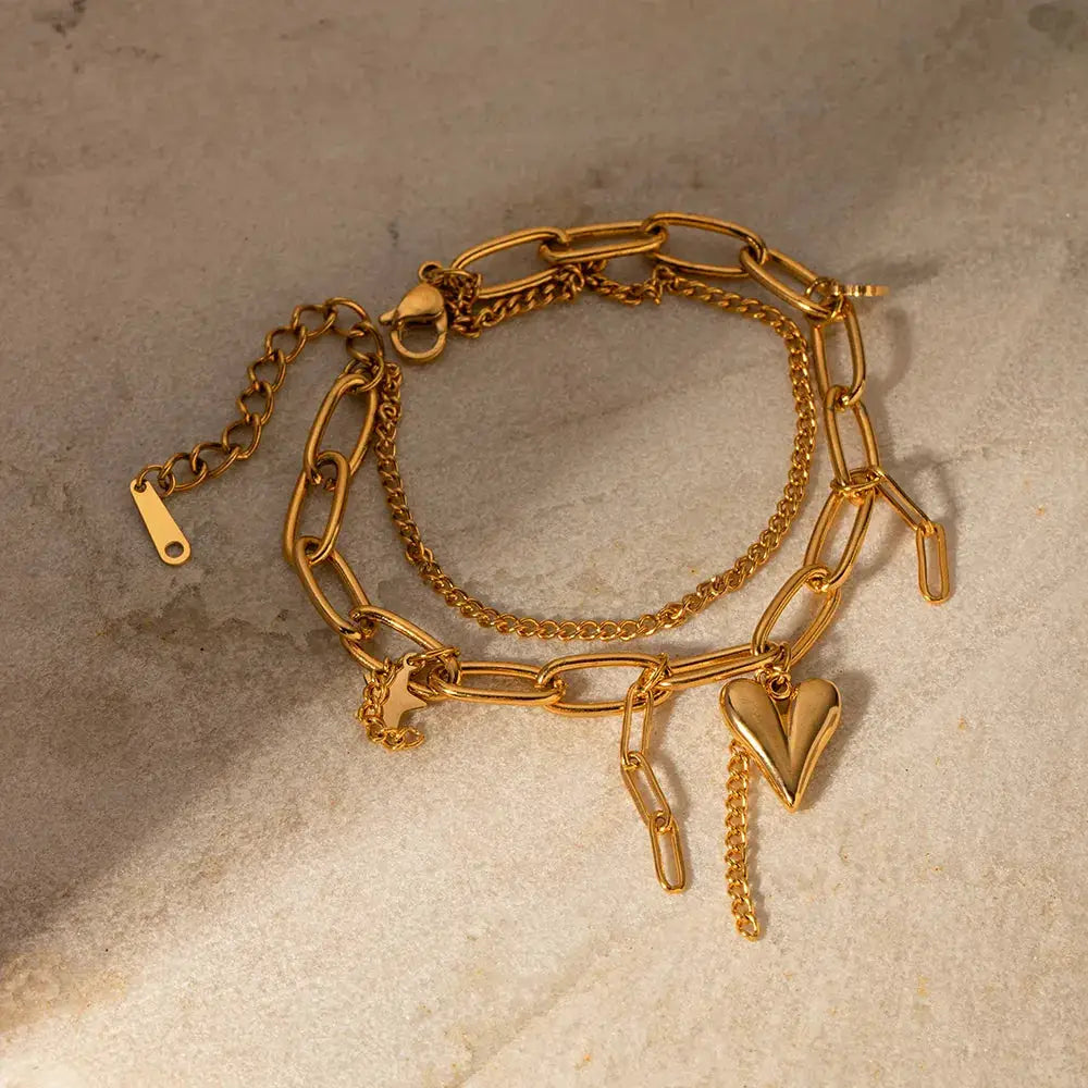 Stainless Steel Double Layered Charm Bracelet by Trendsi