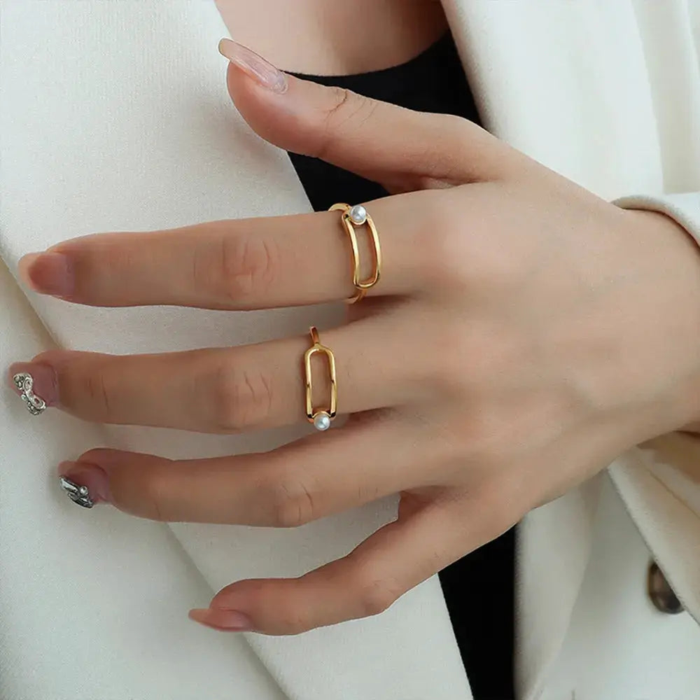 Synthetic Pearl Titanium Steel Ring by Trendsi