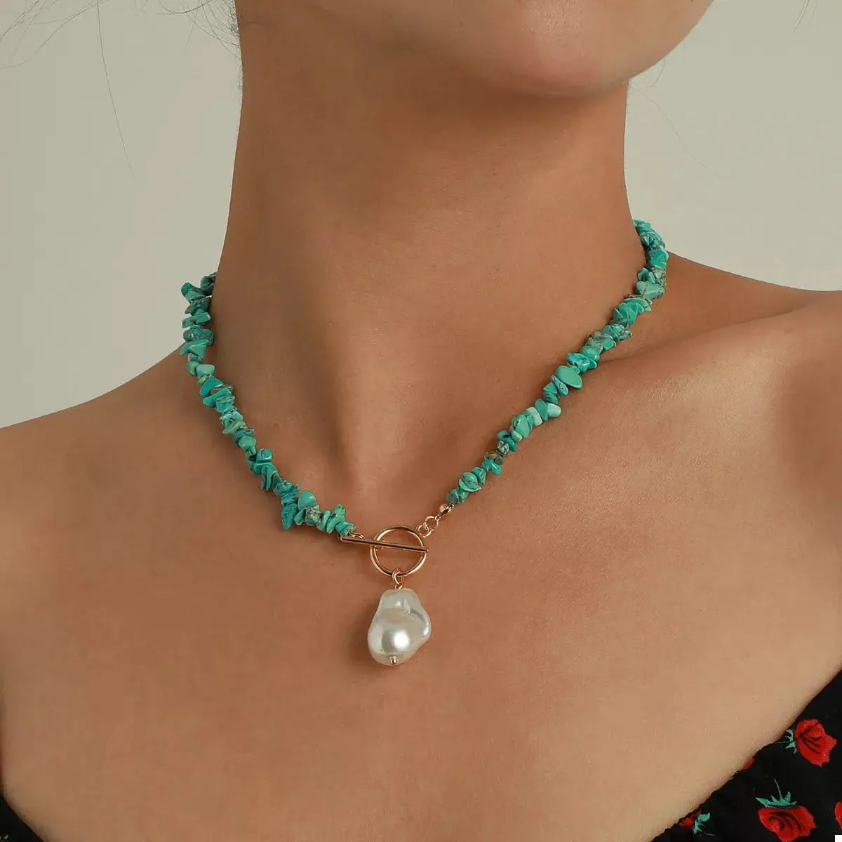 Turquoise Irregular Pearl Necklace by Trendsi