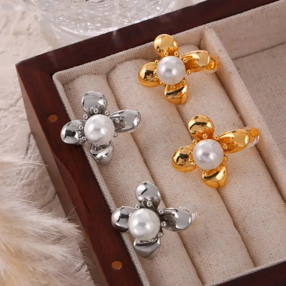 Synthetic Pearl Titanium Steel Flower Earrings by Trendsi