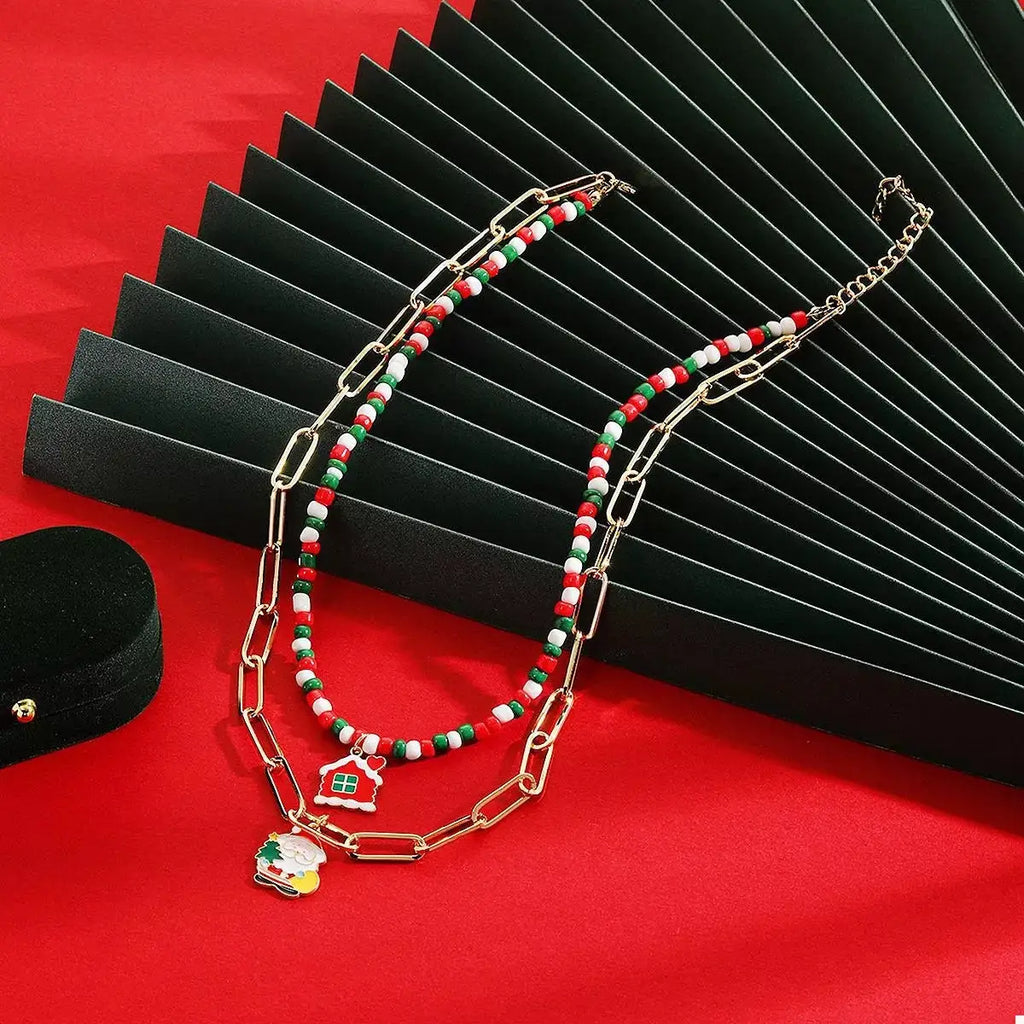 Christmas Double-Layer Necklace with Colorful Beads and Pendant by Trendsi