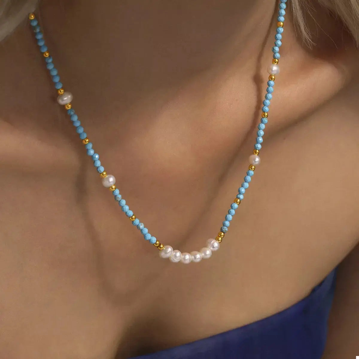 Turquoise Pearl Beaded Necklace by Trendsi