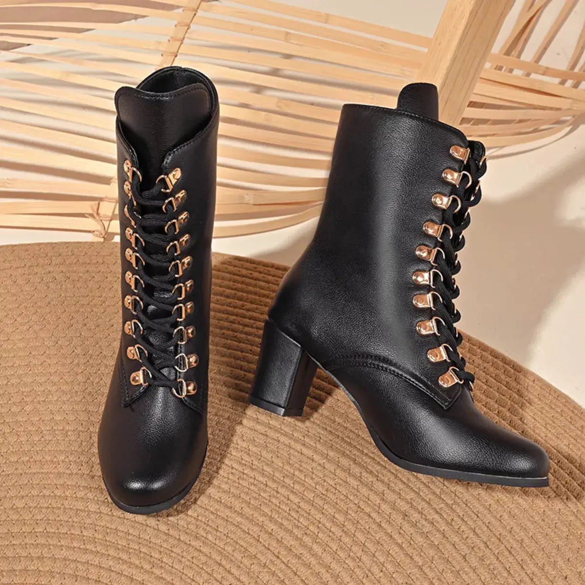 Lace-Up Boots with Block Heel by Trendsi